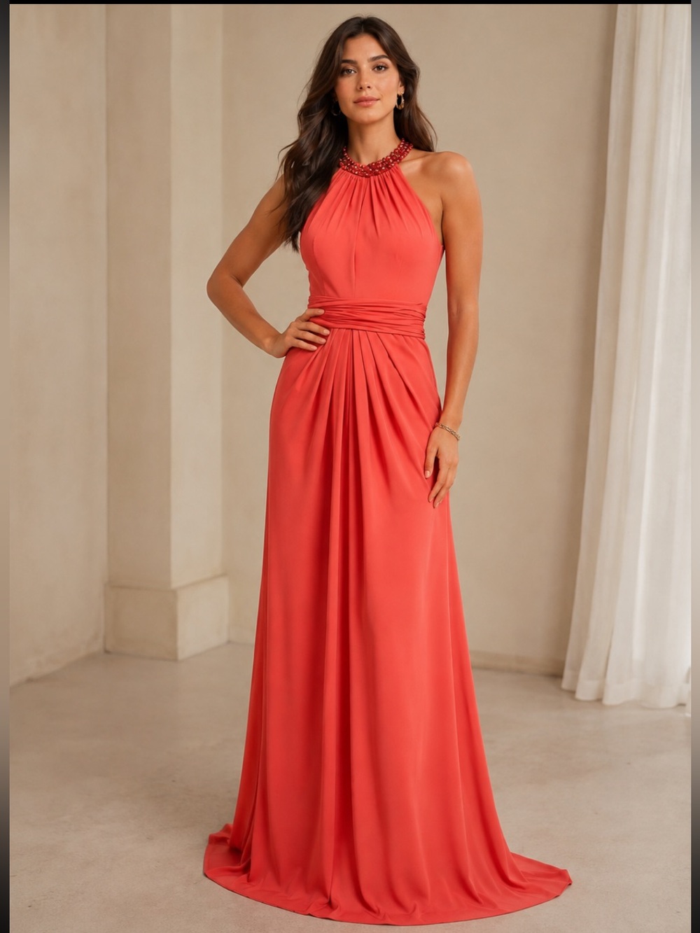 Theia halter sleeveless beaded Neckline long evening Gown